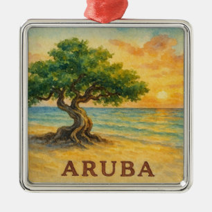 Ornement Carré Argenté Plage Eagle Aruba Divi Tree Heure dorée