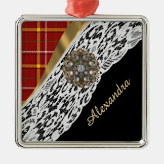 Ornement Carré Argenté Plaid de tartan assez rouge et dentelle blanche
