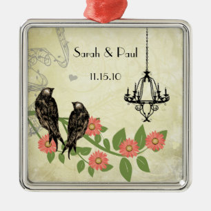 Ornement Carré Argenté Plum Vintage Bird Save the Date Chandelier