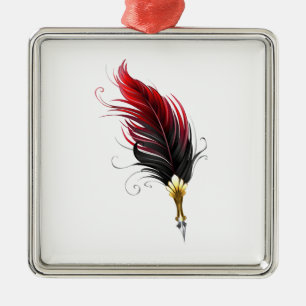 Ornement Carré Argenté Plume rouge avec pointe en or
