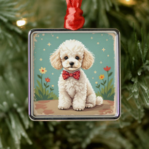 Ornement Carré Argenté Poodle blanc adorable avec noeud papillon