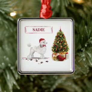 Ornement Carré Argenté Poodle blanc Funny Chien de Noël avec arbre