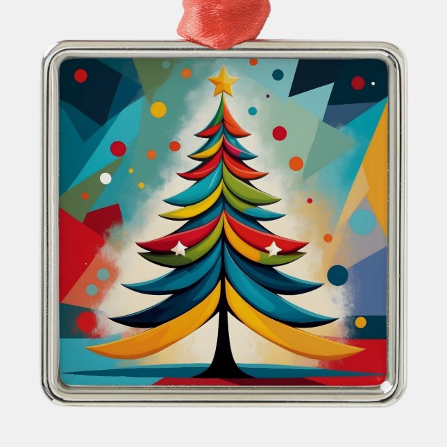 Ornement Carré Argenté Pop Art Géométrique Noël Branches en plumes (Devant)
