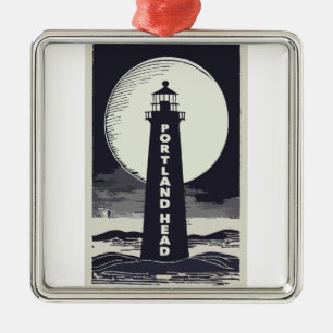 Ornement Carré Argenté Portland Head Maine Lighthouse Moon