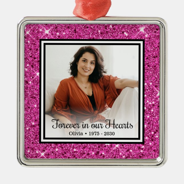 Ornement Carré Argenté Pour toujours dans nos coeurs Parties scintillant  (Devant)