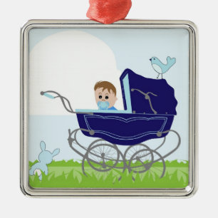 Ornement Carré Argenté Poussette vintage bleue de bébé