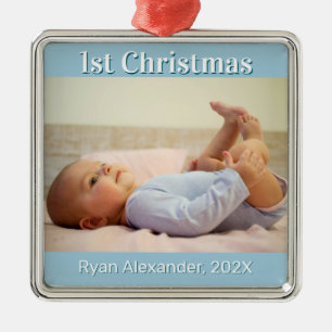 Ornement Carré Argenté Premier Noël Baby Boy Photo Ornament