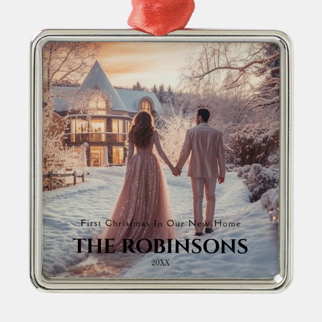 Ornement Carré Argenté Premier Noël dans notre nouvelle maison Photo hive (Devant)