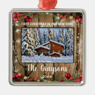 Ornement Carré Argenté Premier Noël Dans Notre Nouvelle Maison Vintage