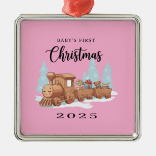 Ornement Carré Argenté Premier Noël de bébé 2025 Jouet en bois mignon