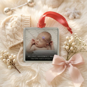 Ornement Carré Argenté Premier Noël de bébé Photo Souvenir