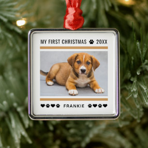 Ornement Carré Argenté Premier Noël de chiots Tan Photo personnalisée