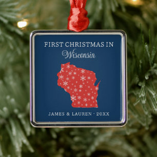 Ornement Carré Argenté Premier Noël de couple dans l'État du Wisconsin au