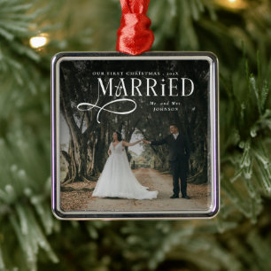 Ornement Carré Argenté Premier Noël de mariage photo de couple M. et Mme