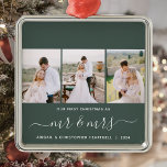 Ornement Carré Argenté Premier Noël M. et Mme 3 Script photo vert<br><div class="desc">Commémorez votre premier Noël en tant que nouveau mariés avec ce magnifique ornement de gardiens moderne. Le texte blanc dit "Notre premier Noël comme", avec les mots "m & mrs" dans un élégant script d'écriture manuscrite avec des fioritures avant et après. Remplacez les trois exemples d'images par vos photos verticales...</div>