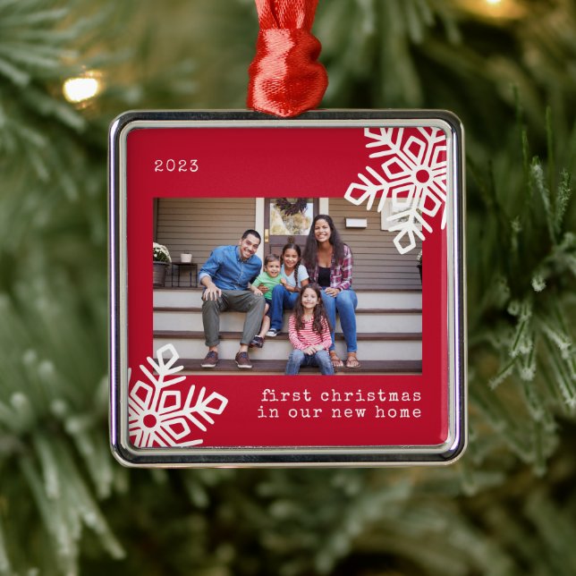 Ornement Carré Argenté Premier Noël Notre nouvelle maison Red Snowflon Ph (Arbre)