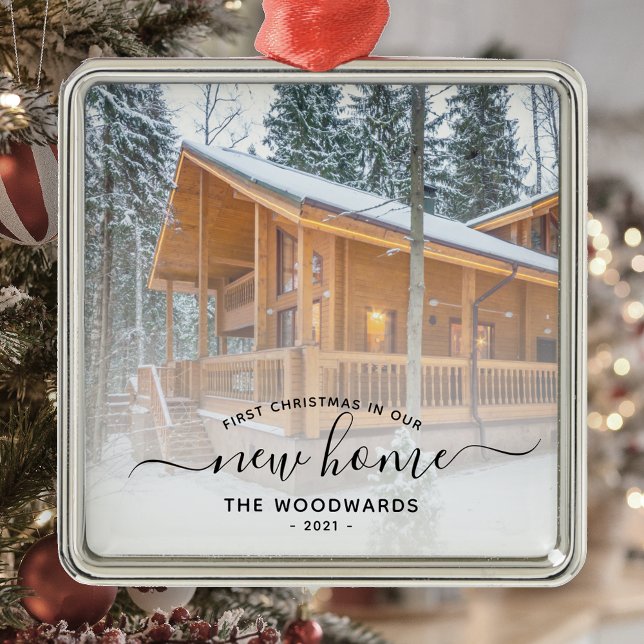 Ornement Carré Argenté Premier Noël Nouveau Accueil Photo personnalisée S (Créateur téléchargé)
