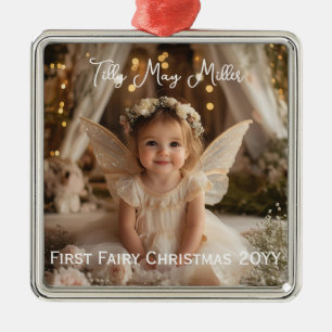 Ornement Carré Argenté Première fée de Noël de bébé magique Cadeau photo