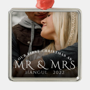 Ornement Carré Argenté Première Noël en tant que photo de couple M. Mme