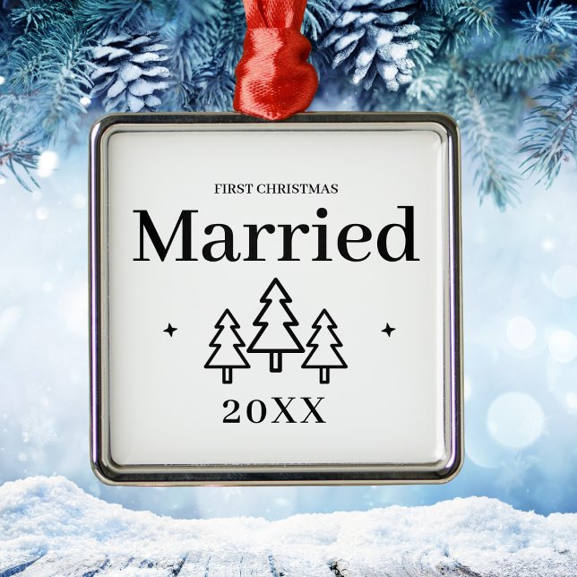 Ornement Carré Argenté Premium Premier Noël Marié Keepsaké Mariage (Premium First Christmas Married Keepsake Wedding Metal Ornament)