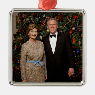 Ornement Carré Argenté Président George Bush, Noël à la Maison Blanche La