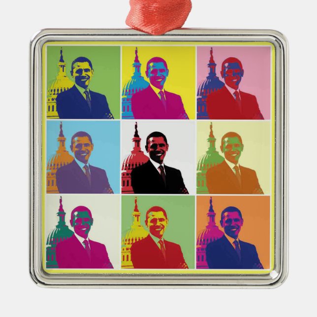 Ornement Carré Argenté Président Obama Pop Art (Devant)