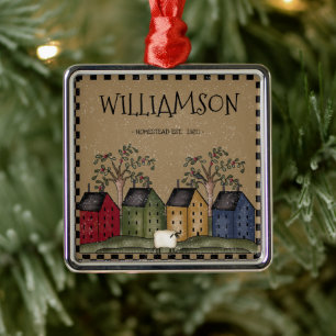 ORNEMENT CARRÉ ARGENTÉ PRIMITIVE SALTBOX HOUSE FAMILLE NOM RUSTIQUE