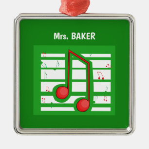 Ornement Carré Argenté Professeur de musique Noël, notes sur vert