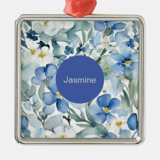 Ornement Carré Argenté Professionnel Moderne Minimaliste Blue Floral Nom