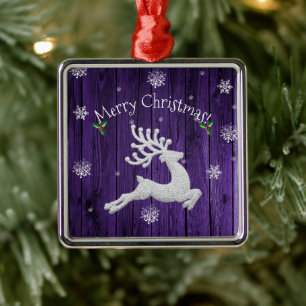 Ornement Carré Argenté Purple Rustic Christmas Reindeer Ceramic Ornament