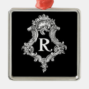 Ornement Carré Argenté R Monogramme initial