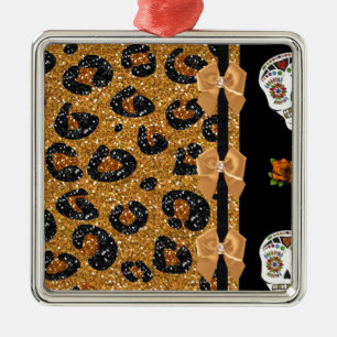 Ornement Carré Argenté RAB Rockabilly Gold Leopard Print Sugar Skulls