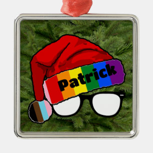 Ornement Carré Argenté Rainbow Santa Hat avec lunettes