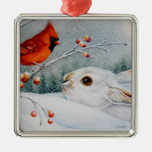 Ornement Carré Argenté Raquette à neige Rabbit & Red Cardinal Bird Aquar