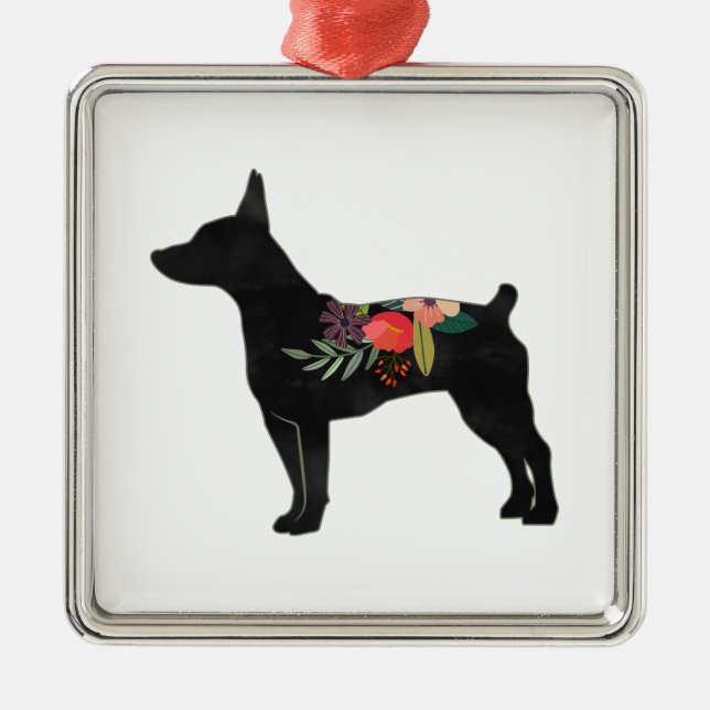 Ornement Carré Argenté Rat Terrier CC Dog Boho Floral Silhouette (Devant)