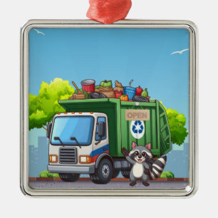Ornement Carré Argenté Raton laveur mignon et camion de "nourriture"