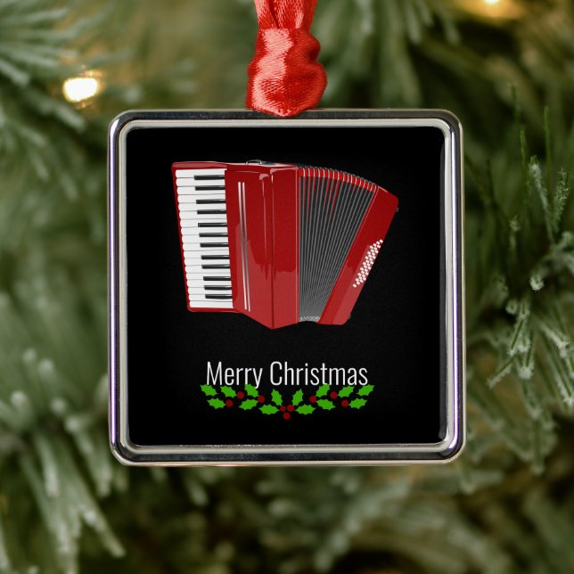 Ornement Carré Argenté Red Accordion, Merry Christmas,  (Arbre)