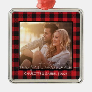 Ornement Carré Argenté Red Buffalo Plaid Couple Notre Premier Noël