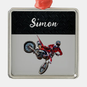 Ornement Carré Argenté Red Dirt Bike Sports Boy Christmas Boy