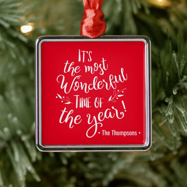 Ornement Carré Argenté Red Nom de famille Merveilleux moment de l'année N (Arbre)
