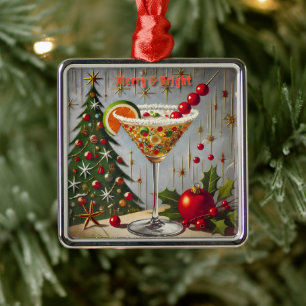Ornement Carré Argenté Retro années 50 Cocktail de bonbons de Noël Merry