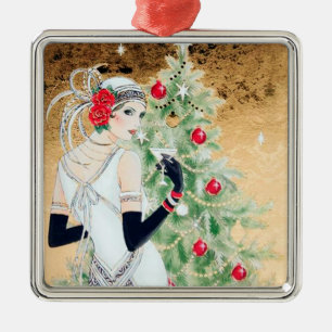 Ornement Carré Argenté Rétro dame vintage de Noël d'art déco de fête