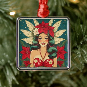 Ornement Carré Argenté Retro les années 50 Tropical Christmas Pin-Up Girl
