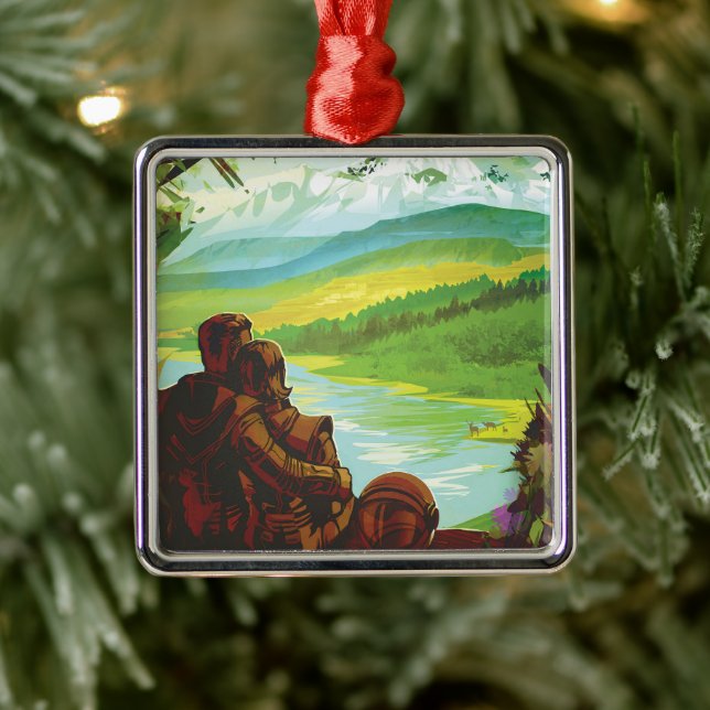 Ornement Carré Argenté Retro Space Travel Poster-Une mission de science d (Arbre)