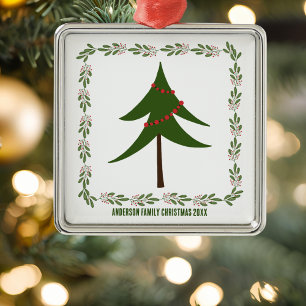 Ornement Carré Argenté Retro Vintage Christmas Tree & Wreath Nom de famil
