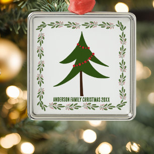 Ornement Carré Argenté Retro Vintage Christmas Tree & Wreath Nom de famil