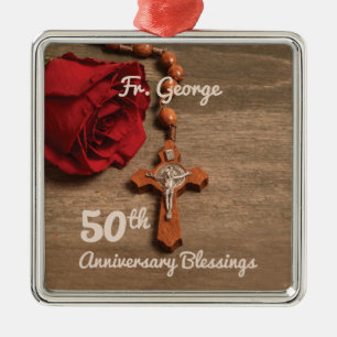 Ornement Carré Argenté Rose et Rosaire du 50e anniversaire d'ordination d
