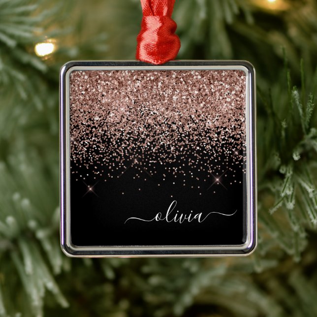 Ornement Carré Argenté Rose Gold - Blush Pink Black Parties scintillant N (Arbre)