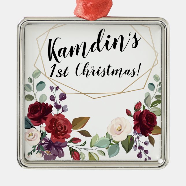 Ornement Carré Argenté Roses blanches personnalisées Or Parquet géométriq (Devant)