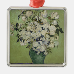 Ornement Carré Argenté Roses roses à vie dans un vase de Van Gogh